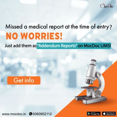 Now, it is easy to make additional entries to a patient’s history on MocDoc LIMS. Keep your report management organized and up-to-date, with this efficient tool. Ask for a demo! Visit: https://mocdoc.in/util/lab-management-system